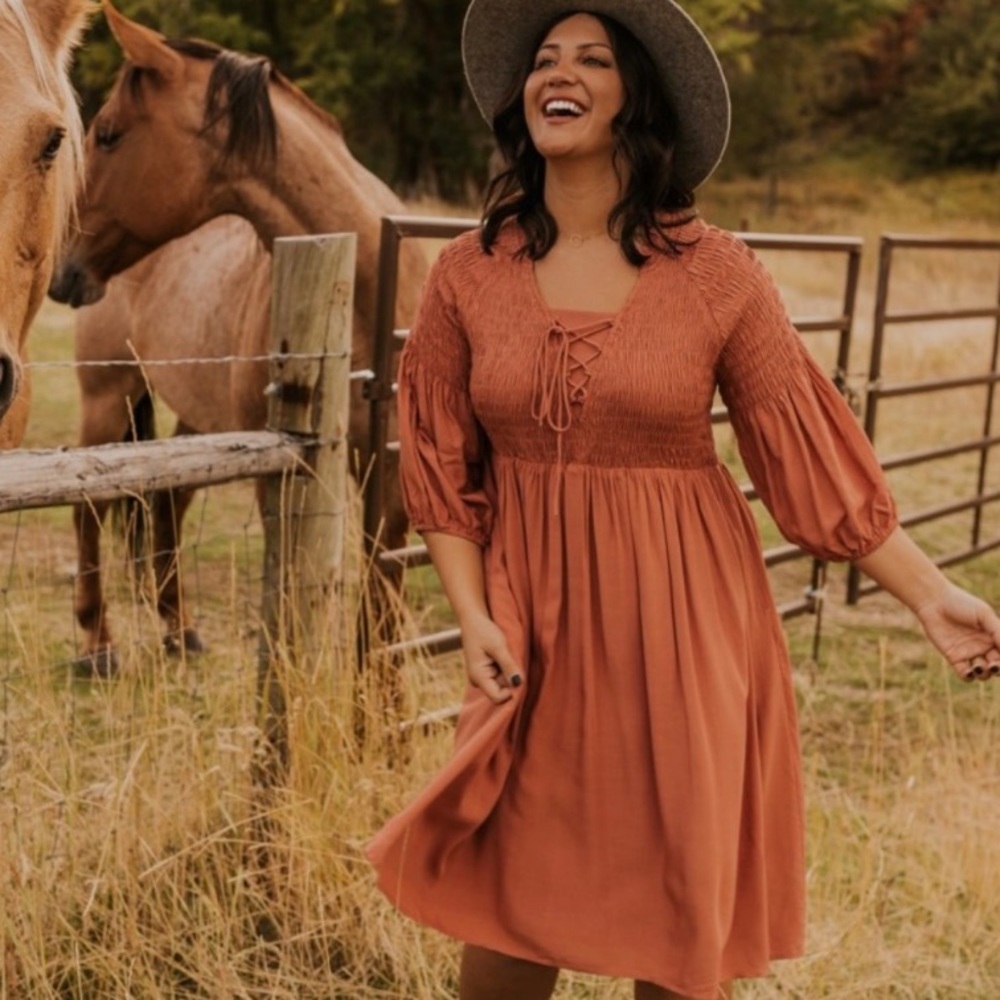 ROOLEE Esmerelda Smocked Boho Prairie Dress Lace Up Dusty Rose Pink Fall Sz XXS